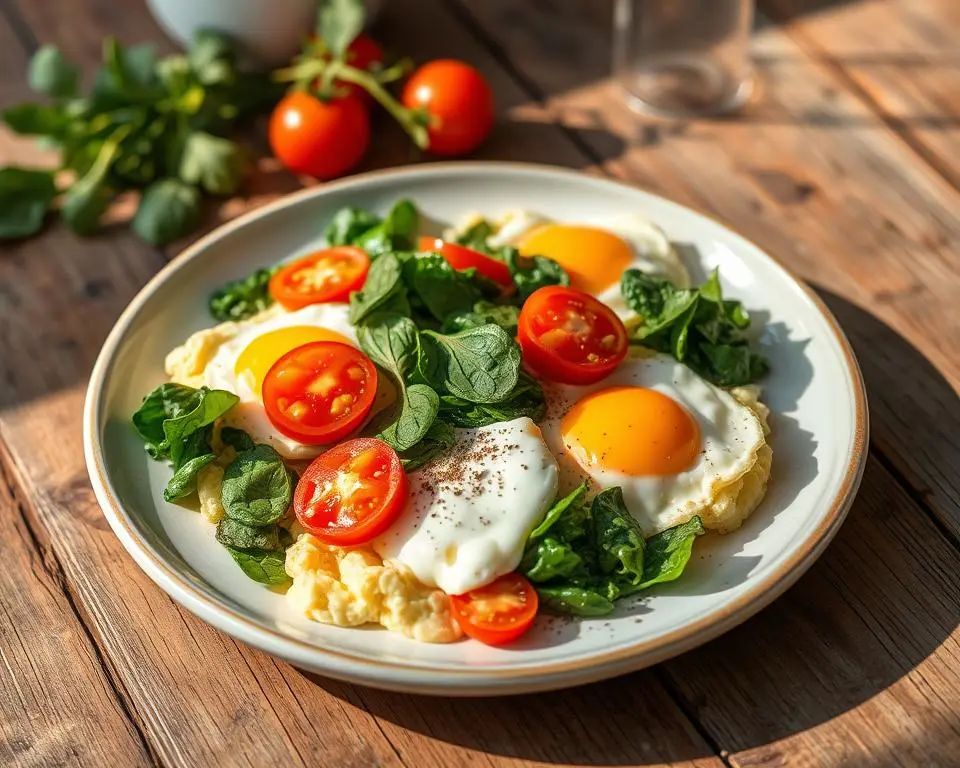 Scrambled eggs with spinach and tomatoes