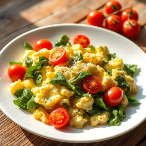 Scrambled eggs with spinach and tomatoes