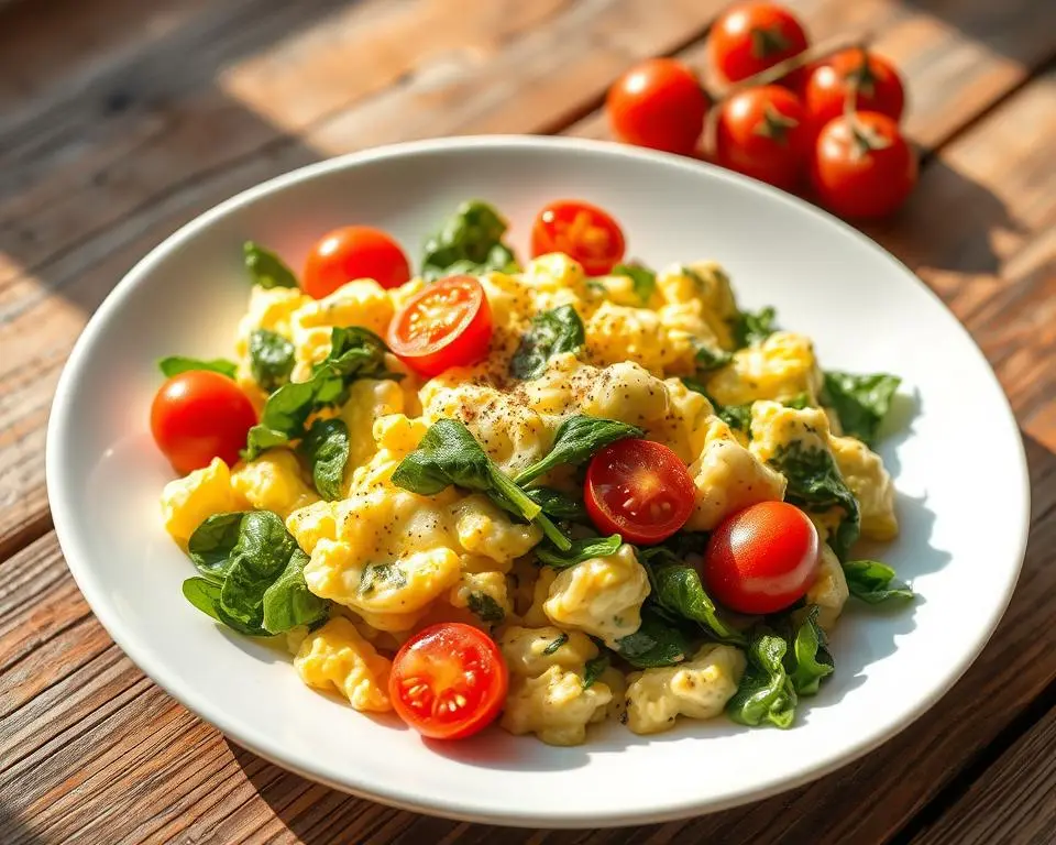 Scrambled eggs with spinach and tomatoes