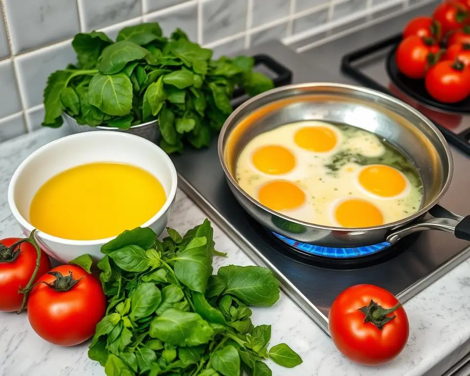 Scrambled eggs with spinach and tomatoes