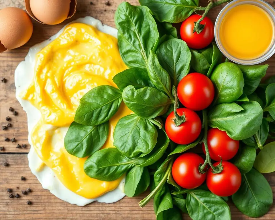 Scrambled eggs with spinach and tomatoes