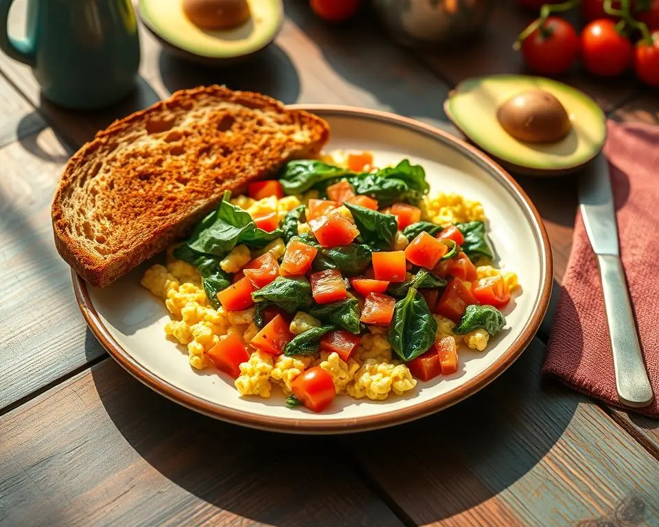 Scrambled eggs with spinach and tomatoes