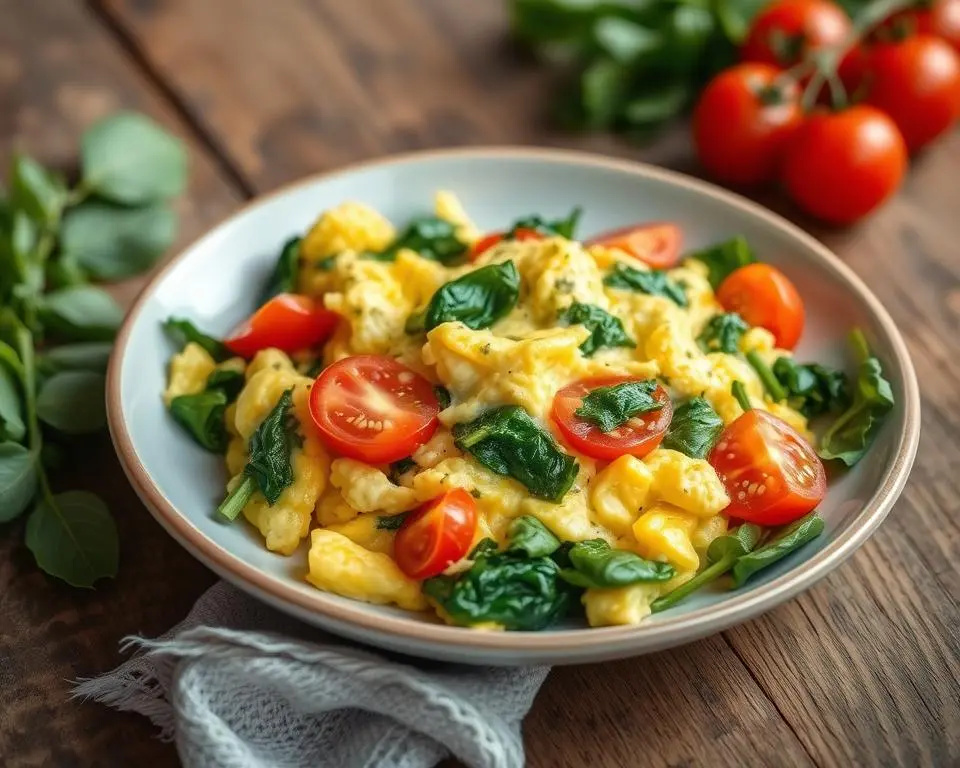 Scrambled eggs with spinach and tomatoes