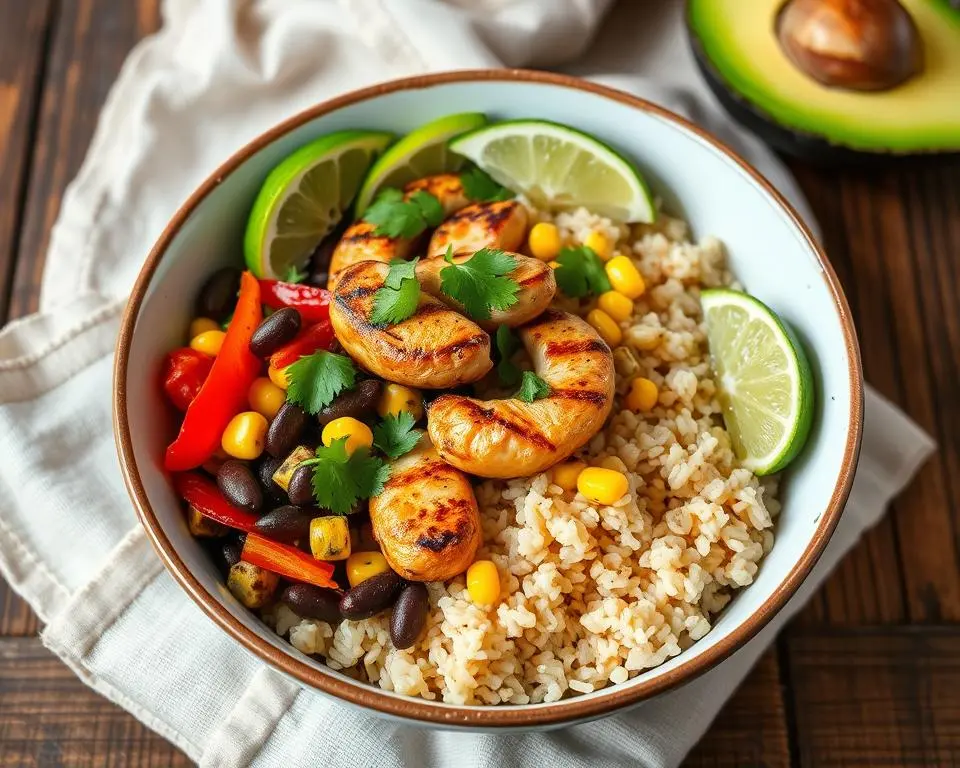 Grilled chicken with roasted vegetables and brown rice