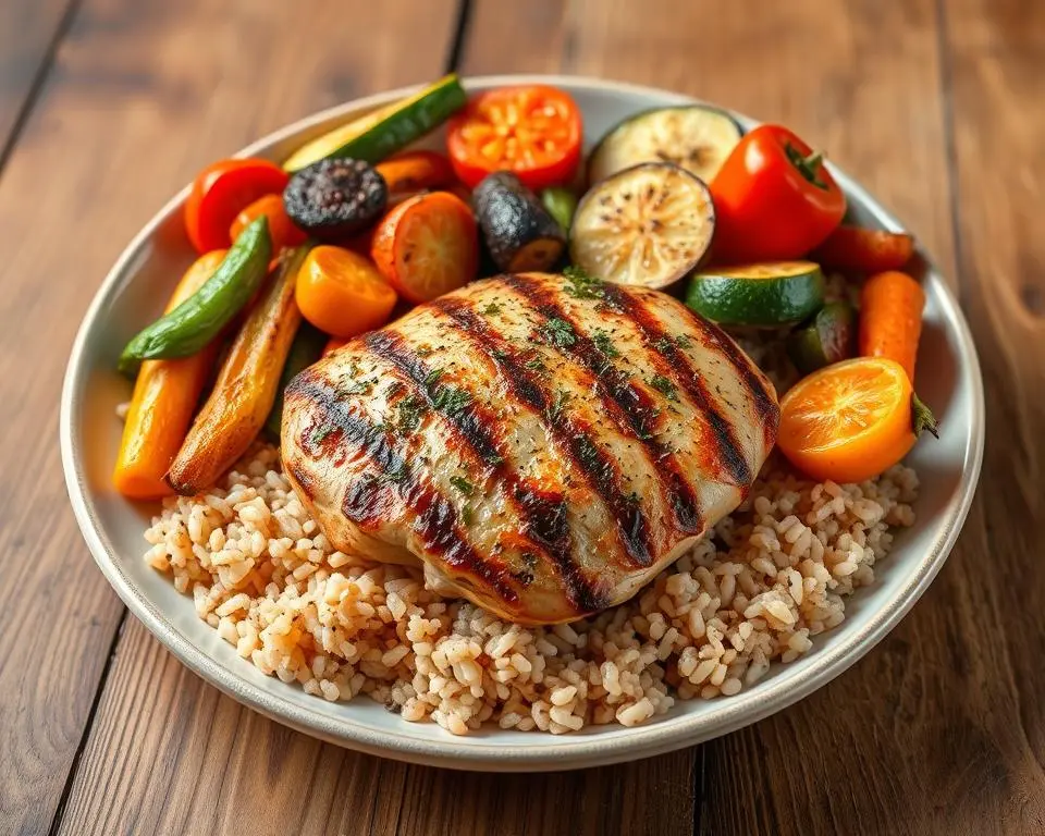 Grilled chicken with roasted vegetables and brown rice