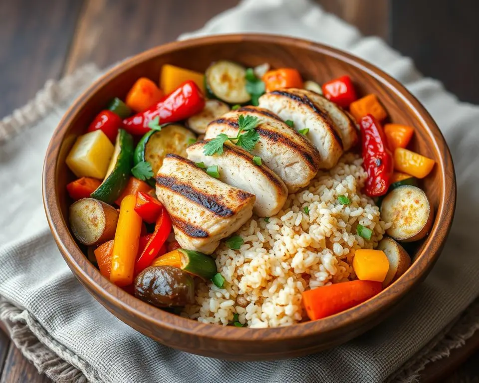 Grilled chicken with roasted vegetables and brown rice