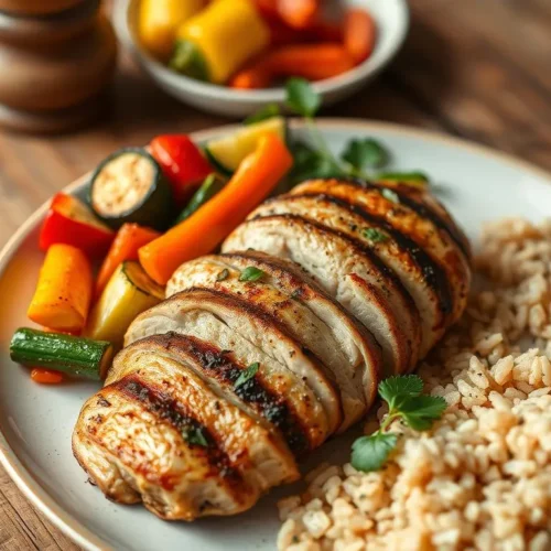 Grilled chicken with roasted vegetables and brown rice