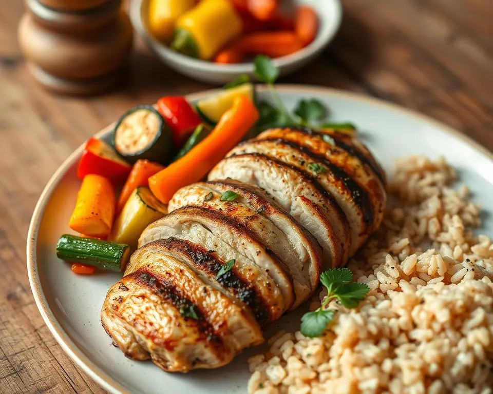 Grilled chicken with roasted vegetables and brown rice