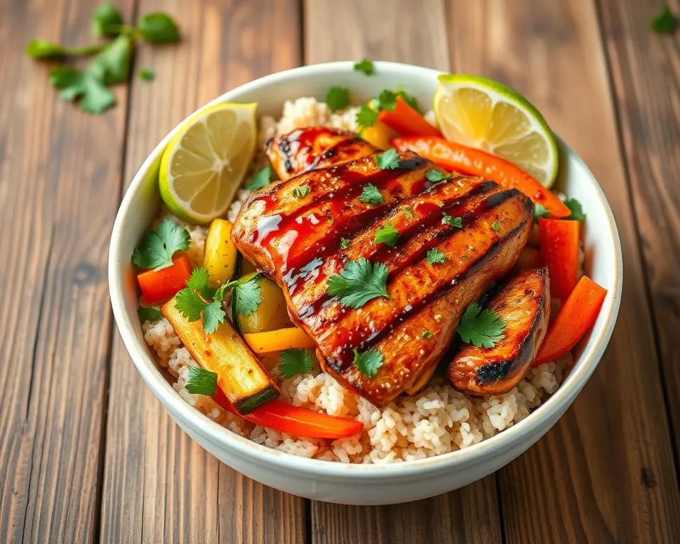 Grilled chicken with roasted vegetables and brown rice