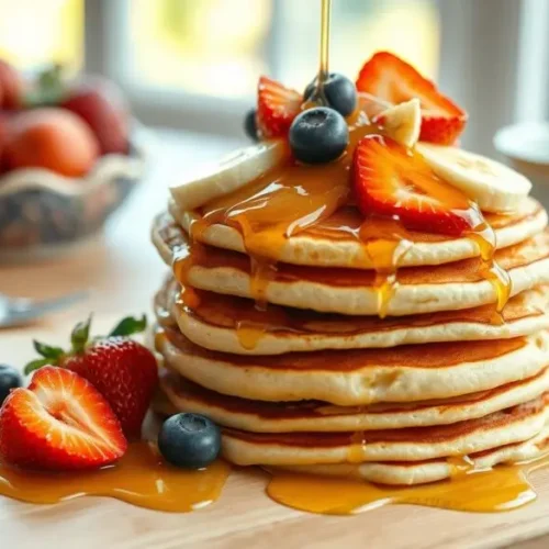 Quick pancakes with honey and fruits