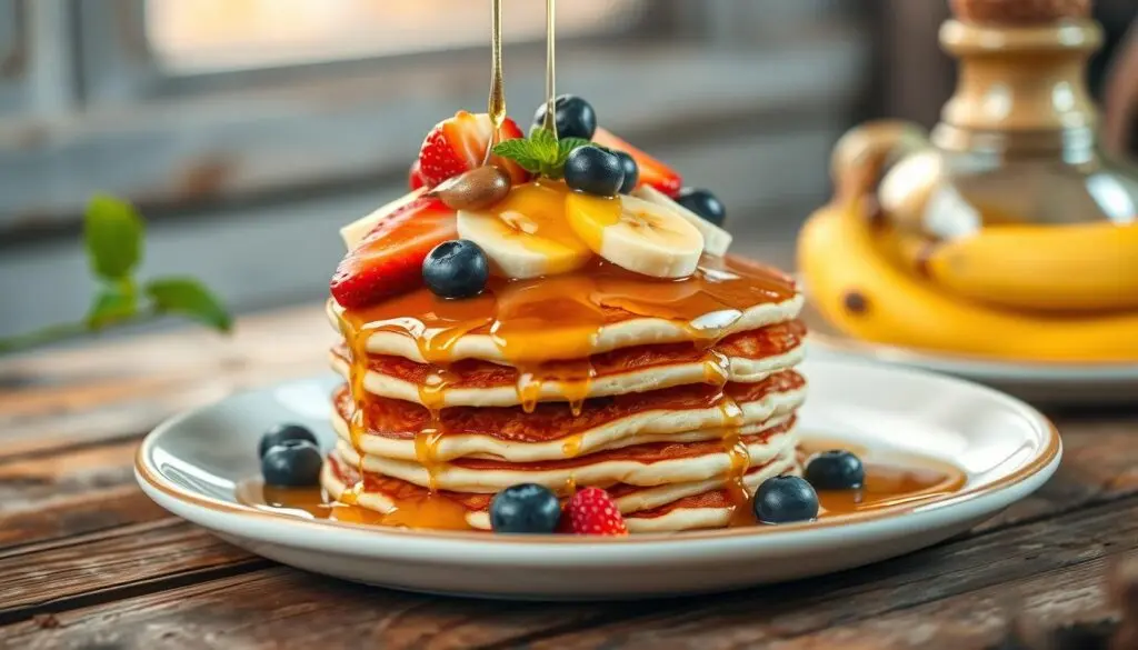 Quick pancakes with honey and fruits