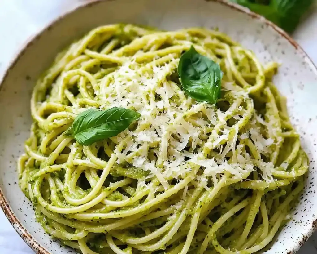 Pasta with pesto sauce and cheese